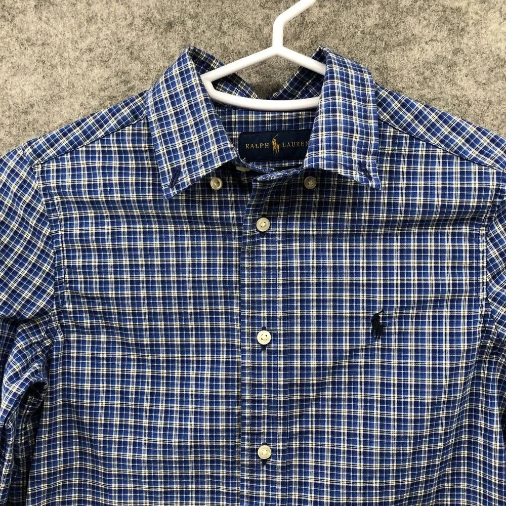 Ralph Lauren Boys Size 7‎ Long Sleeve Shirt Blue Plaid Natural Stretch Cotton